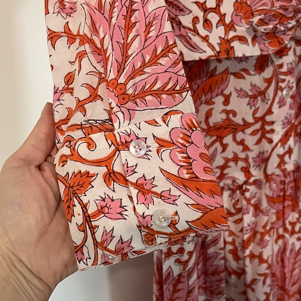 Floral Coral and White Maxi Shirt Dress with Waist Tie - Picture 3 of 4